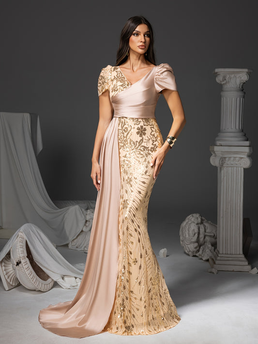 [V-Neck Puff Sleeves] Elegant Champagne Floral Print Mermaid Dress with Sequin Detailing, V-Neck & Puff Sleeves - Long Formal Gown for Weddings, Parties, and Special Occasions, Wedding Guest Dress | Vneck Dress | Sequin Embel