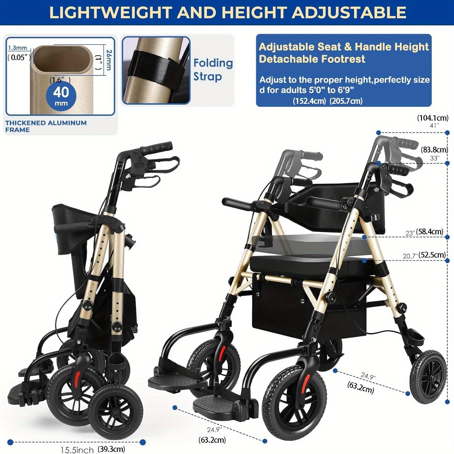 Foldable Rollator Walker with Seat - Heavy-Duty 300 lb Capacity, Lightweight 2-in-1 Mobility Aid with Adjustable Height Seat & Handle, All-Terrain Wheels, Linear Brakes, Ergonomic Backrest & Cushioned Seat - Ideal for Seniors