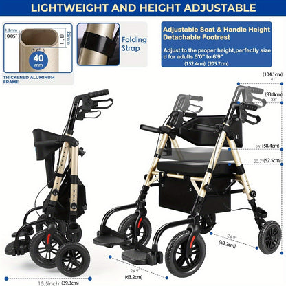 Foldable Rollator Walker with Seat - Heavy-Duty 300 lb Capacity, Lightweight 2-in-1 Mobility Aid with Adjustable Height Seat & Handle, All-Terrain Wheels, Linear Brakes, Ergonomic Backrest & Cushioned Seat - Ideal for Seniors