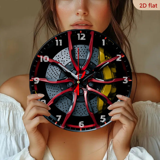1pc 10-Inch Vintage Racing Car Brake Disc & Caliper Wall Clock - Silent Non-Ticking Wood Round Clock with Red/Yellow Racing Stripes, Black Hands for Home, Office, for Cave, Decor - Unique Automotive Accessory Gift for, 2D Fla