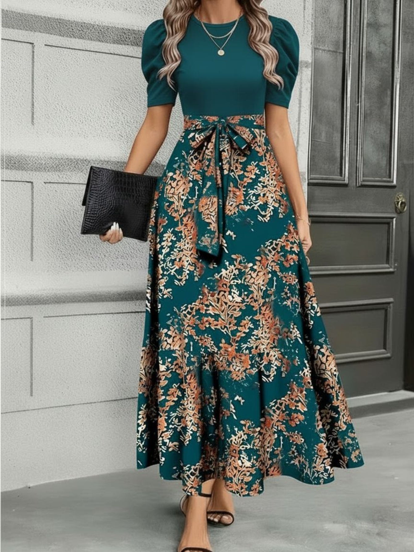 Women'S Floral Cinched-Waist Casual Long Dress, Suitable for Light Business Gatherings | Weekend Afternoon Tea And Similar Occasions, Elegant And Refined.