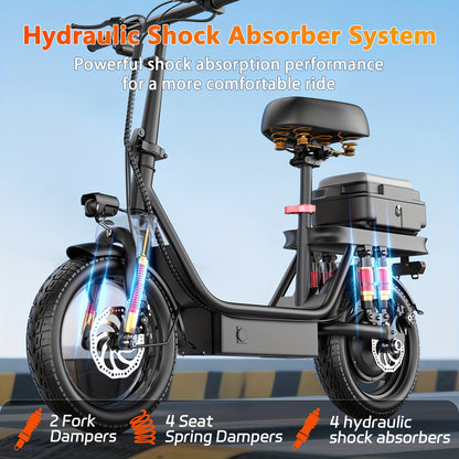 Peak Power 740W Adult Electric Scooter with Seat, 48V10/15AH Lithium Battery, 10 Shock Absorption, 14-Inch Tubeless Protective Tires, Dual Disc Brakes