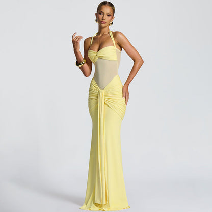 Women's Elegant Ruched Halter Neck Maxi Dress, Slim Fit Summer Party Dress
