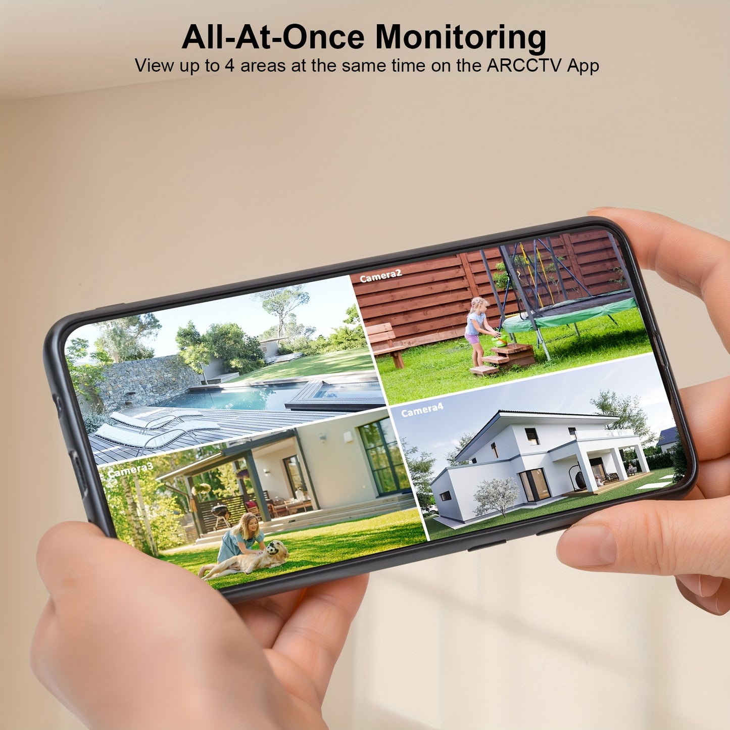 ARCCTV Cam 4-Cam Kit, Security Camera Outdoor Wireless, 2K Camera with Integrated Solar Panel, Forever Power, Smart Siren & Spotlights, 2-Way Audio, App-Controlled (Wi-Fi), 4MP Face Recognition AI, 5G & 2.4 GHz Wi-Fi, No Mont