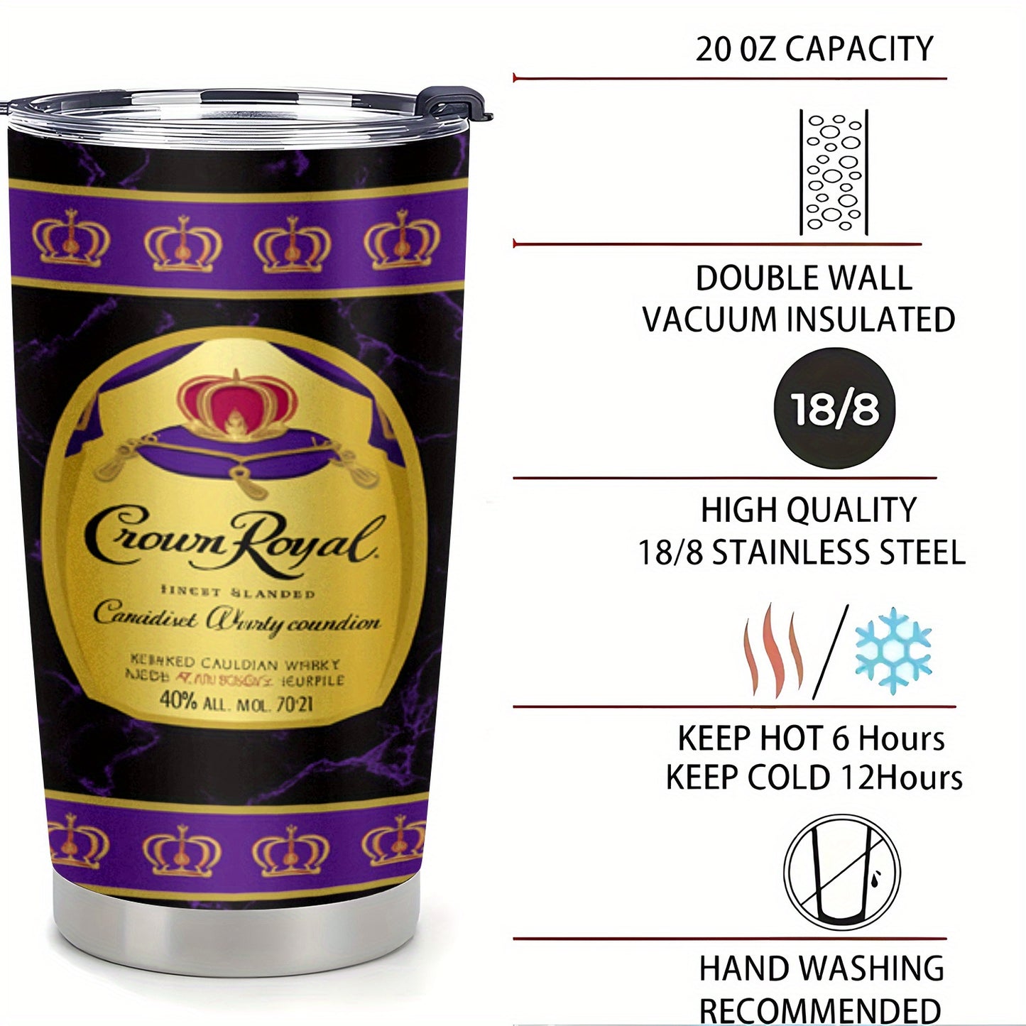 1pc 20oz Crown Royal Whiskey-Themed Stainless Steel Tumbler, Leakproof, Insulated, Non-Slip, Shatterproof, Perfect for Christmas, Halloween, Valentine's Day, Easter, Thanksgiving - Portable and Durable Whiskey Accessory