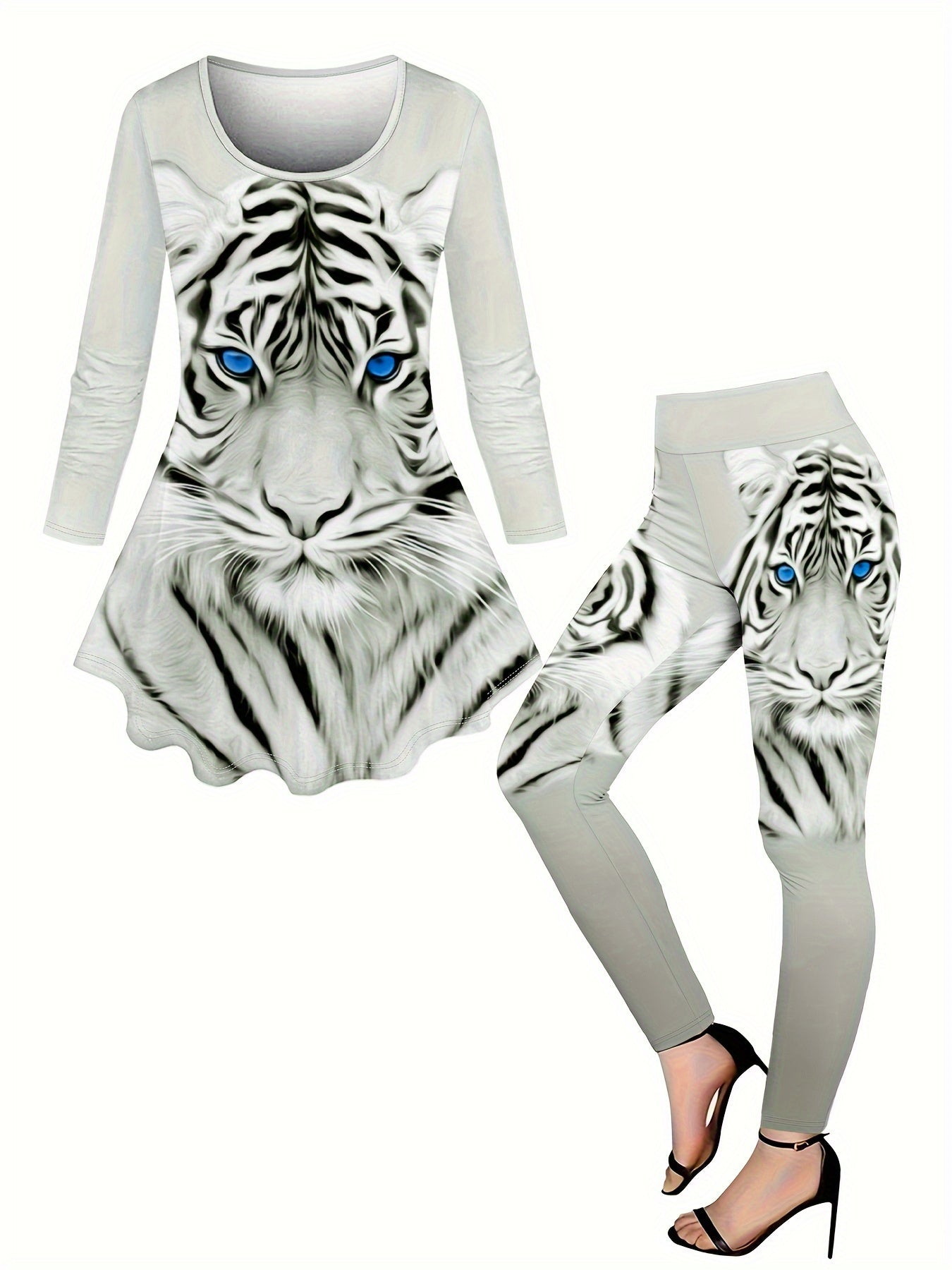 Women'S Tiger Pattern Printed Waist Dress Pants Set Round Neck Long Sleeve Waist Dress And High Waist Pants Base Long Pants Set 2pcs Set