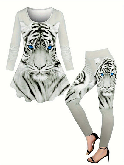 Women'S Tiger Pattern Printed Waist Dress Pants Set Round Neck Long Sleeve Waist Dress And High Waist Pants Base Long Pants Set 2pcs Set