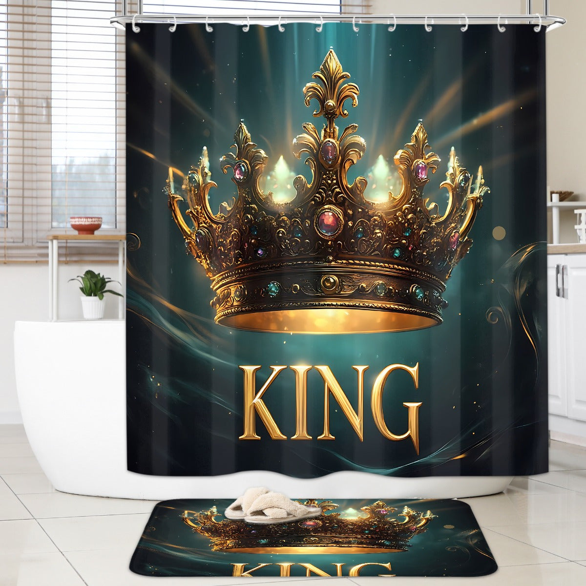 4pcs King Pattern Shower Curtain Set, Fashion Bathroom Curtain Set with 12 Hooks Included, Matching Anti Slip Mats & Toilet Covers, Modern Bathroom Accessories Ideal for Home Decor & Housewarming Gift