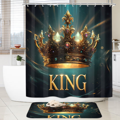 4pcs King Pattern Shower Curtain Set, Fashion Bathroom Curtain Set with 12 Hooks Included, Matching Anti Slip Mats & Toilet Covers, Modern Bathroom Accessories Ideal for Home Decor & Housewarming Gift