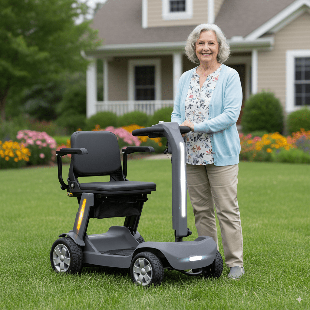 Foldable Mobility Scooter for Adults & Senior, 4 Wheels Powered Device for Travel,with an LED light strip, storage bag, and charger. No assembly required.with a 300-watt motor,a reclining seat, a 300-pound load capacity, and