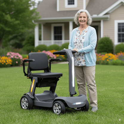 Foldable Mobility Scooter for Adults & Senior, 4 Wheels Powered Device for Travel,with an LED light strip, storage bag, and charger. No assembly required.with a 300-watt motor,a reclining seat, a 300-pound load capacity, and