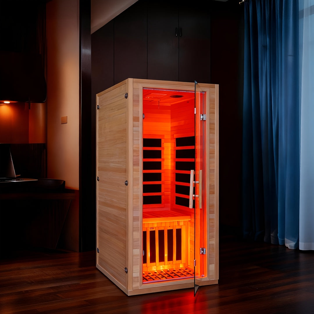 Home Infrared Sauna Room with Graphene Carbon Plate Heater - Canadian Hemlock Wood Cabin, Low-EMF Full-Spectrum, //AUX Stereo & FM Radio, Door & Roof - Portable Indoor Sauna for Spa,