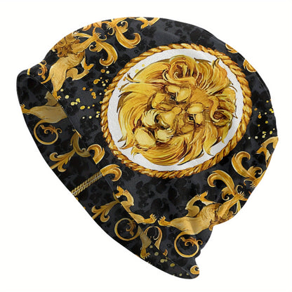 Lightweight Comfort | Golden Lion Damask Bonnet Hat for Men & Women – Lightweight, Stylish Hip Hop Beanie Cap with Ornate Golden Lion Design, Black Background with Rope Patterns, Perfect for Autumn & Spring Warmth