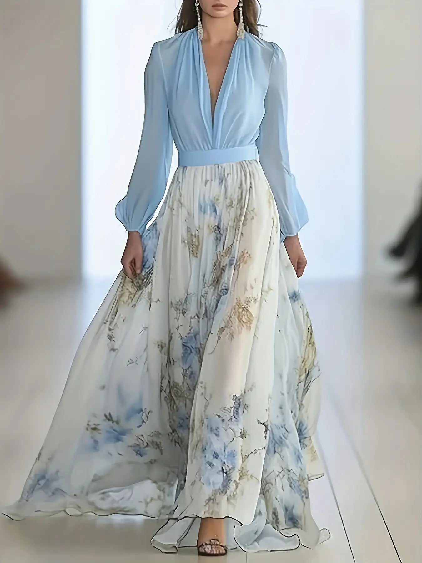 Elegant Long Dress for Women with a Deep V-Neck, Featuring a Bohemian Floral Chiffon Design