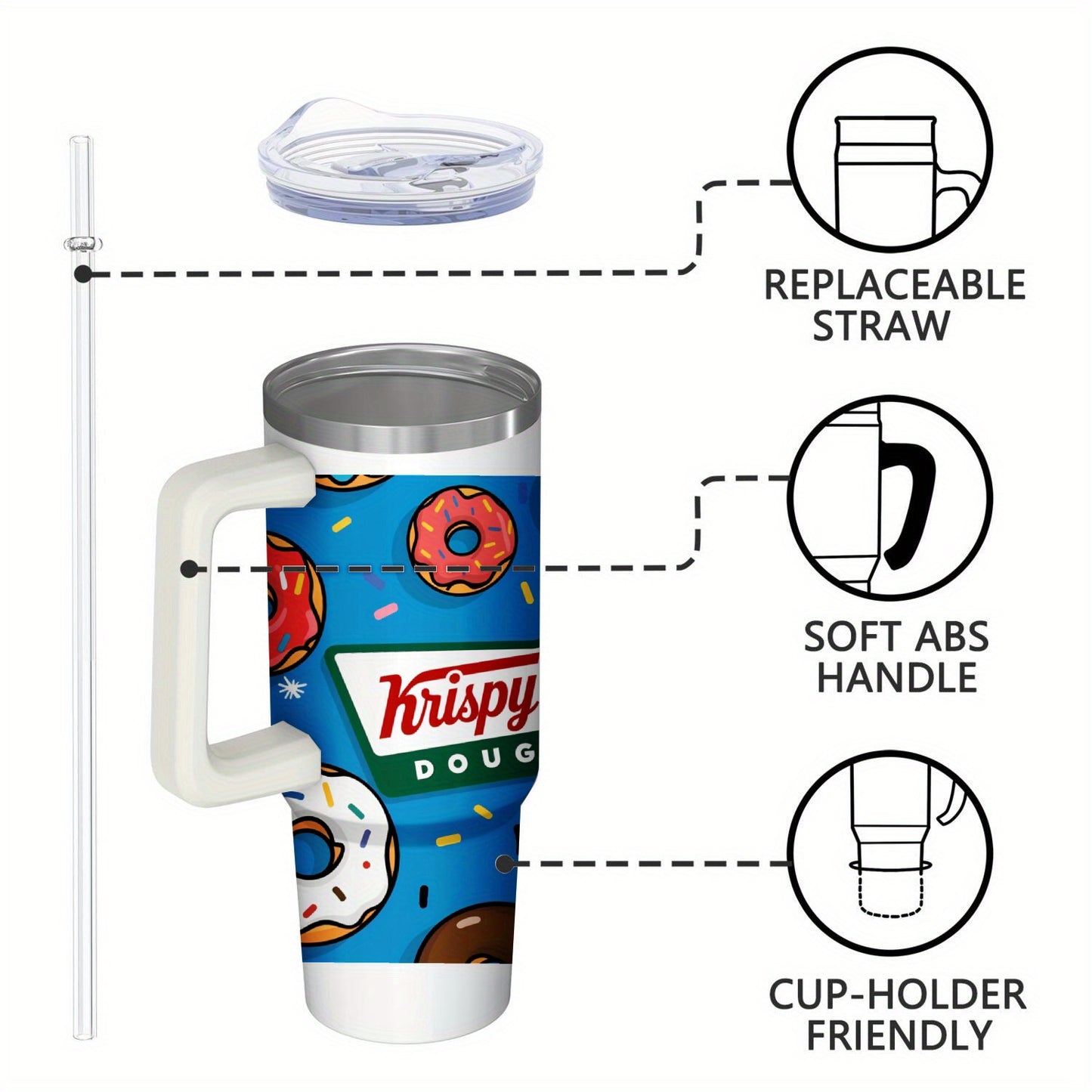Krispy Kreme Donuts Stainless Steel Travel Mug with Donut Pattern & Logo - Double-Wall Insulated 304 Stainless Steel Cup for Hot/Cold Coffee & Tea, Spill-Proof Lid, Camping & Office Use, Nostalgic Collectible Gift for Fans (B