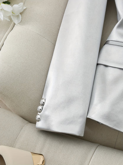 [Silvery Suit Set] Fortune-Attracting Fashionable and Elegant Silvery Double-Breasted Suit Jacket and Silvery Cool Trousers Set