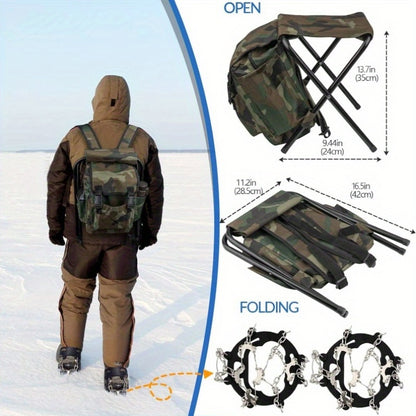 Complete Ice Fishing Rod and Reel Combo Set with Backpack, Seat, Cleats, Jigs, Line - 24/26, Medium-Light Power, Right-Handed, Fast Action, Fluorosint 500 PTFE, Ideal for Winter Fishing, Ice Fishing Gear | Camouflage Backpack