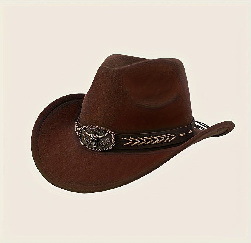 3pcs Unisex Western Cowboy Hats - Wide Brim Sun Protection, Metal Bull Head Buckle & Braided Faux Belt, Vintage Style for Outdoor Riding, Hiking, Rodeo (Black/Brown/White) | Classic Cowboy Style | Faux Fabric