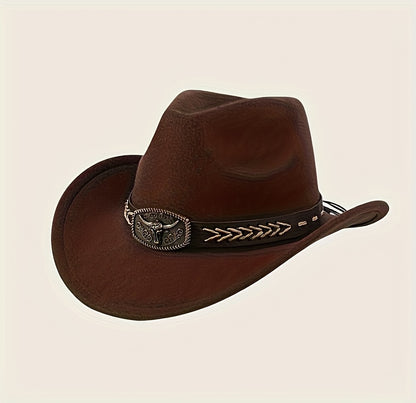 3pcs Unisex Western Cowboy Hats - Wide Brim Sun Protection, Metal Bull Head Buckle & Braided Faux Belt, Vintage Style for Outdoor Riding, Hiking, Rodeo (Black/Brown/White) | Classic Cowboy Style | Faux Fabric