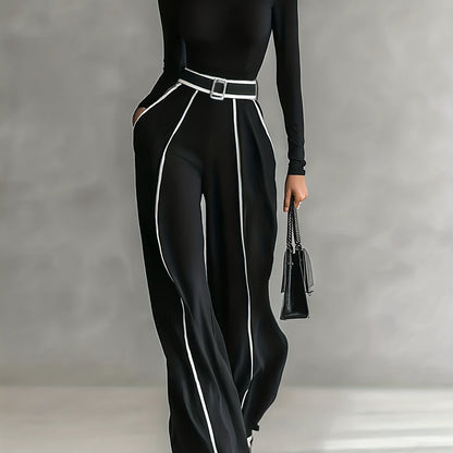 Women's Two-Piece Set: High-Neck Long-Sleeve Top with Contrast Straight-Leg Pants Featuring Pockets and Belt, Elegant and Versatile Design for Autumn/Winter Commuting