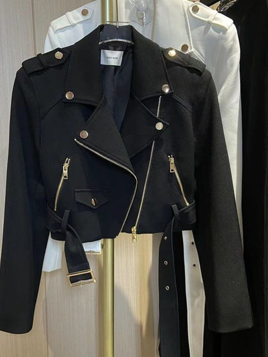 Women'S Retro Motorcycle Jacket - Slim-Fit Short Coat with Stand Collar & Belt, Full-Zip Front Closure, Structured Biker Outerwear for Fall Commuting, Casual to Semi-Formal Outfits (Black/White) - Versatile Layering Piece, Mo
