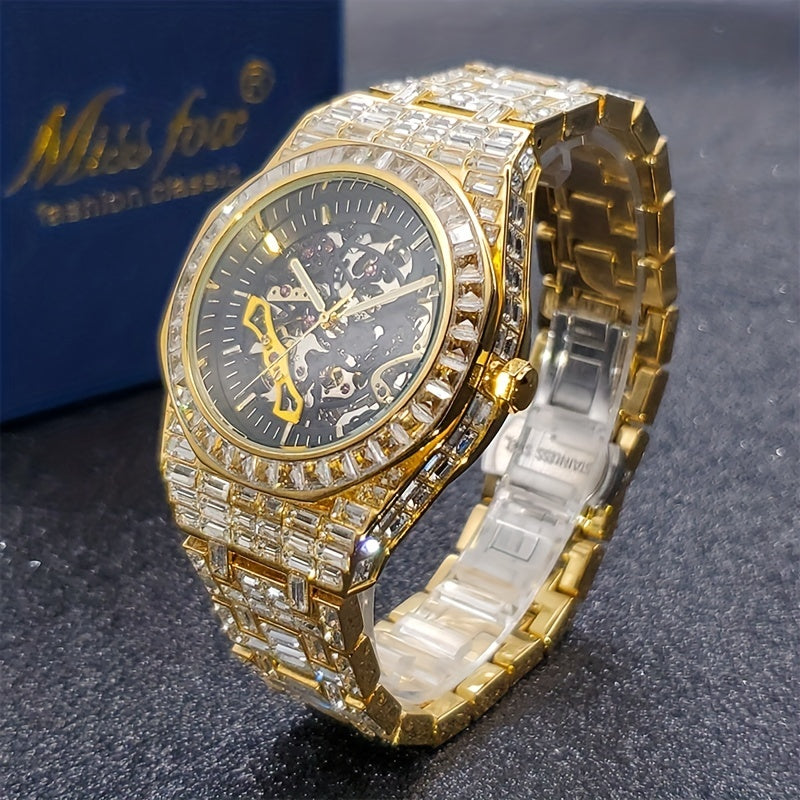 Automatic Hollow Mechanical Watch Men'S Tourbillon Mechanical Watch Luxury All Rhinest Glass Transparent Bottom Men'S Watch Gift, Without Battery