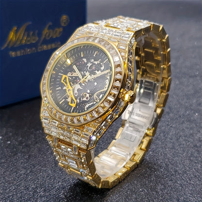 Automatic Hollow Mechanical Watch Men'S Tourbillon Mechanical Watch Luxury All Rhinest Glass Transparent Bottom Men'S Watch Gift, Without Battery