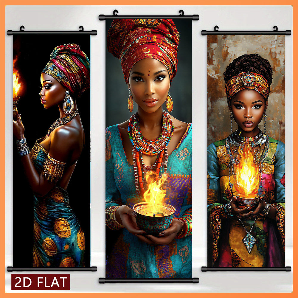 2D/ FLAT-3pcs African flame women wall murals, African women holding flame containers and wearing exquisite jewelry, high-definition high-quality printing, ink artwork poster, suitable for living room, bedroom, office decorat