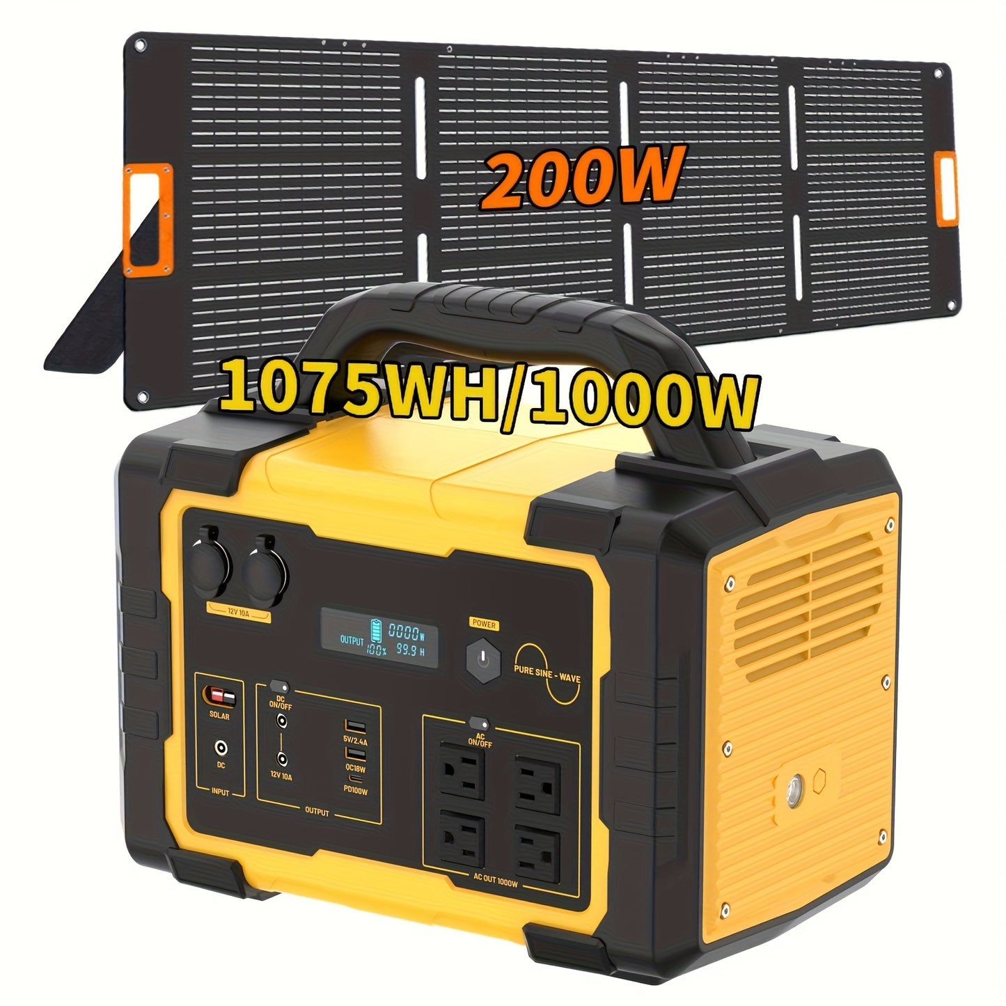 300W/600W/1000W+200W Solar Panel Portable Power Station, 1075Wh Backup Lithium Battery, 120V/1000W AC Outlet, Solar Generator For Home, RV, Outdoor, Camping And Emergencies Use