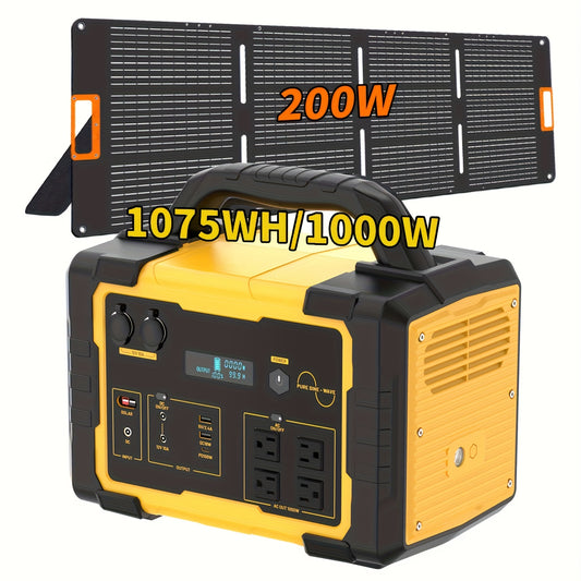 300W/600W/1000W+200W Solar Panel Portable Power Station, 1075Wh Backup Lithium Battery, 120V/1000W AC Outlet, Solar Generator For Home, RV, Outdoor, Camping And Emergencies Use