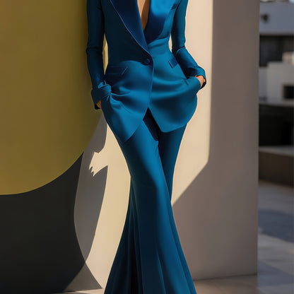 Women' 2pcs Suit: Bright Blue Double-Breasted Blazer & Flared Pants - Vintage Elegant Tailoring Matching Outfit, Hand Washable Suit for Weddings, Business Events, Year-Round Wear (No Included) - Spring/Summer Professional Att