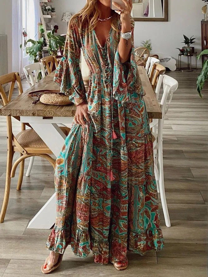 Women'S Autumn Fashion, Chic V-Neck Waist, A-Line Small Floral Design, Sophisticated Feminine Dress, Long Skirt