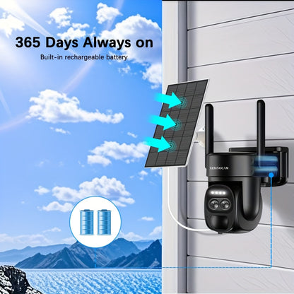 Solar-Powered PTZ Security Camera with 8x Zoom Dual Lens, 360° Auto Tracking, Human Detection, Two-Way Talk, Wireless WiFi, PoE Camera, Solar Panel, Outdoor Surveillance System for Home/Office/Business - Continuous Recording