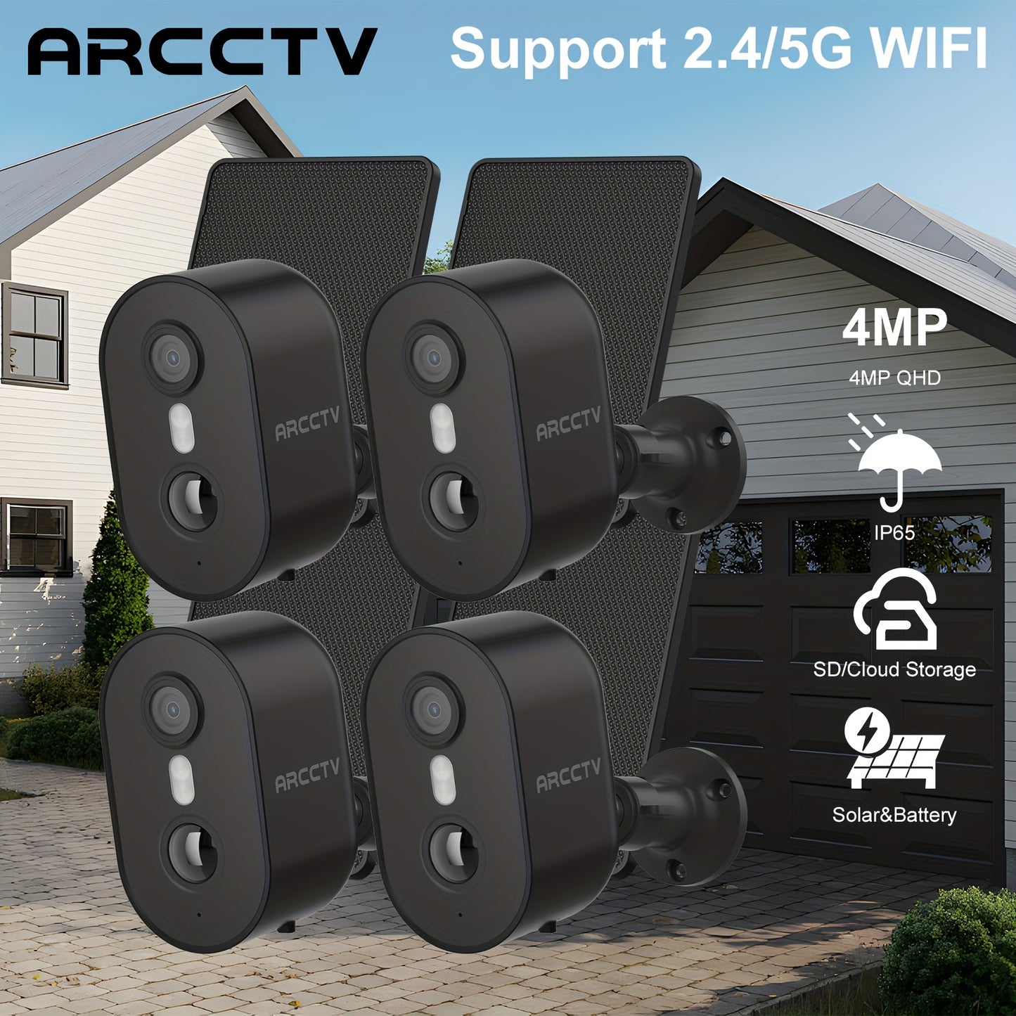 4MP Outdoor Security Camera With Solar Panel, Battery, Wireless Surveillance Camera, PIR Motion Detection And Alarm, Colour Night Vision, SD/Cloud Storage, Alexa Supported, 2-Way Audio, Black, 2.4G/5G WIFI
