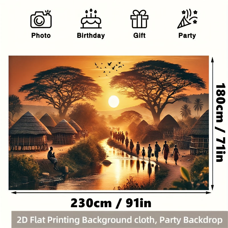 2D Flat, 1pc African Sunset Village Party Banner - 71x91 Inch Durable Polyester Backdrop with Vibrant African Landscape Design, No Power Needed, Easy to Hang for Living Room, Bedroom, Office, Outdoor Decor, Perfect for Weddin