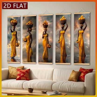 5pcs African Woman Wall Art Set - Bohemian Wood Framed Vertical Panel Paintings with Traditional Dress, Headwrap & Basket - Cultural Canvas Decor for Living Room, Bedroom, Cafe - Hook Installation ( Use)