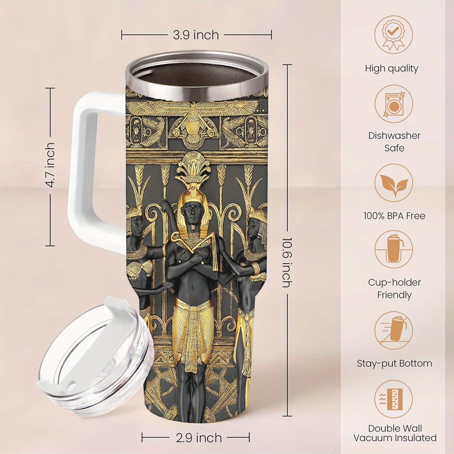 40oz Egyptian Art Style Tumbler, Double Wall Vacuum Insulated Travel Mug, Spill Proof Lid, Perfect Gift for Dad, Mom, Ideal for Christmas, Thanksgiving, Valentine's, Mother's, Father'S Day, Gift for birthday, Coffee Cup