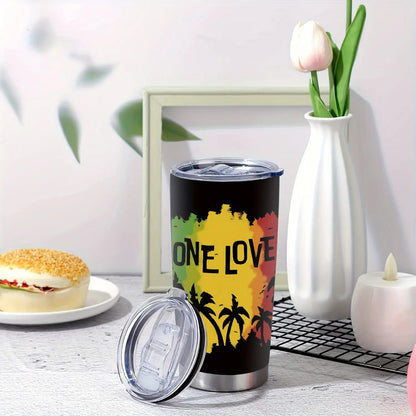1-Pack 20oz Insulated Stainless Steel Tumbler with Lid - One Love Reggae-Themed Leakproof & -Slip Travel Cup, Green/Yellow/Red Rasta Colors, Flag Design for Camping, Office, Parties - Hand Wash Only (Bob Marley Inspired)