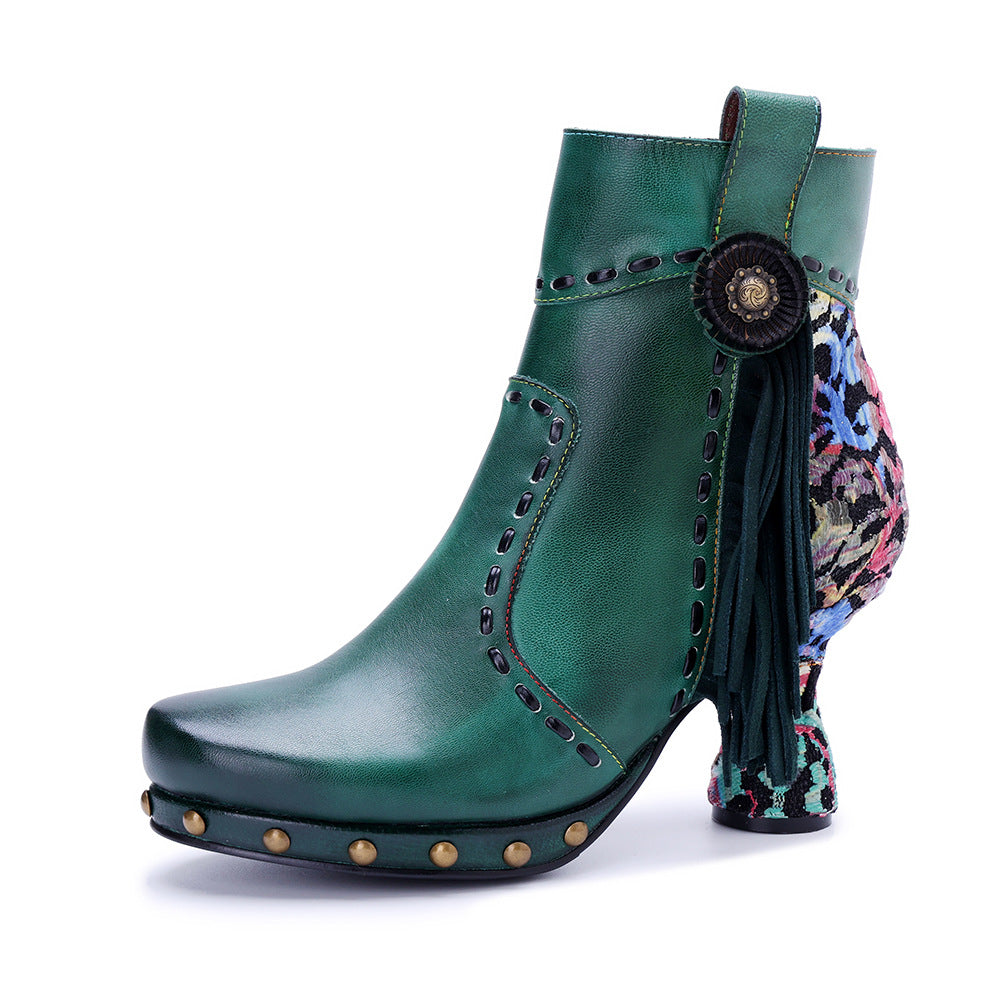 Women'S Vintage Western Boots - Hand-Rubbed Fringe Ankle Boots with Retro Leopard Print & Stitching Detail, Round Toe, Zipper Closure, Chunky Heel, PU Cover Upper, Rubber Sole - Western Cowboy Boot Style for Themed Events, Ca