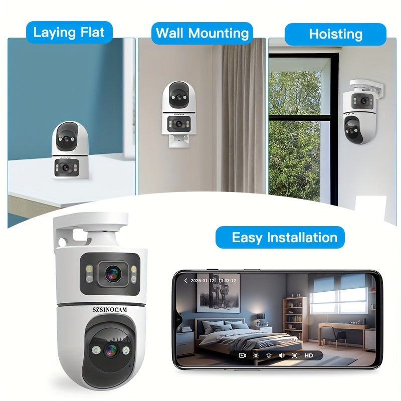 2.4G&5GHz WiFi 2K Dual Lens Wireless Monitoring Camera, Dual Lens Dual Screen, AI Motion Detection, Two-way Voice, 3 Night Vision Modes Suitable For Home Security Cameras, Christmas And Halloween Decorations, Thanksgiving Gif