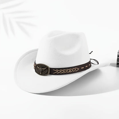 2pcs Western Cowboy Hats for Men & Women - Classic Wide Brim with Metallic Bull Headband, Black PVC-Coated Non-Stretch Fabric, Reinforced Stitching, Hand Wash/Dry Clean - Perfect for Parties, Cosplay, Themed Events & Gifts, C
