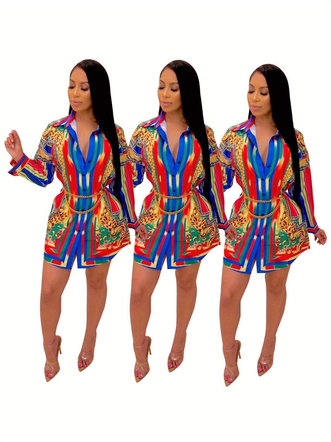 Ladies' Casual Shirt Dress with Colorful Striped Long Sleeved Shirt Dress