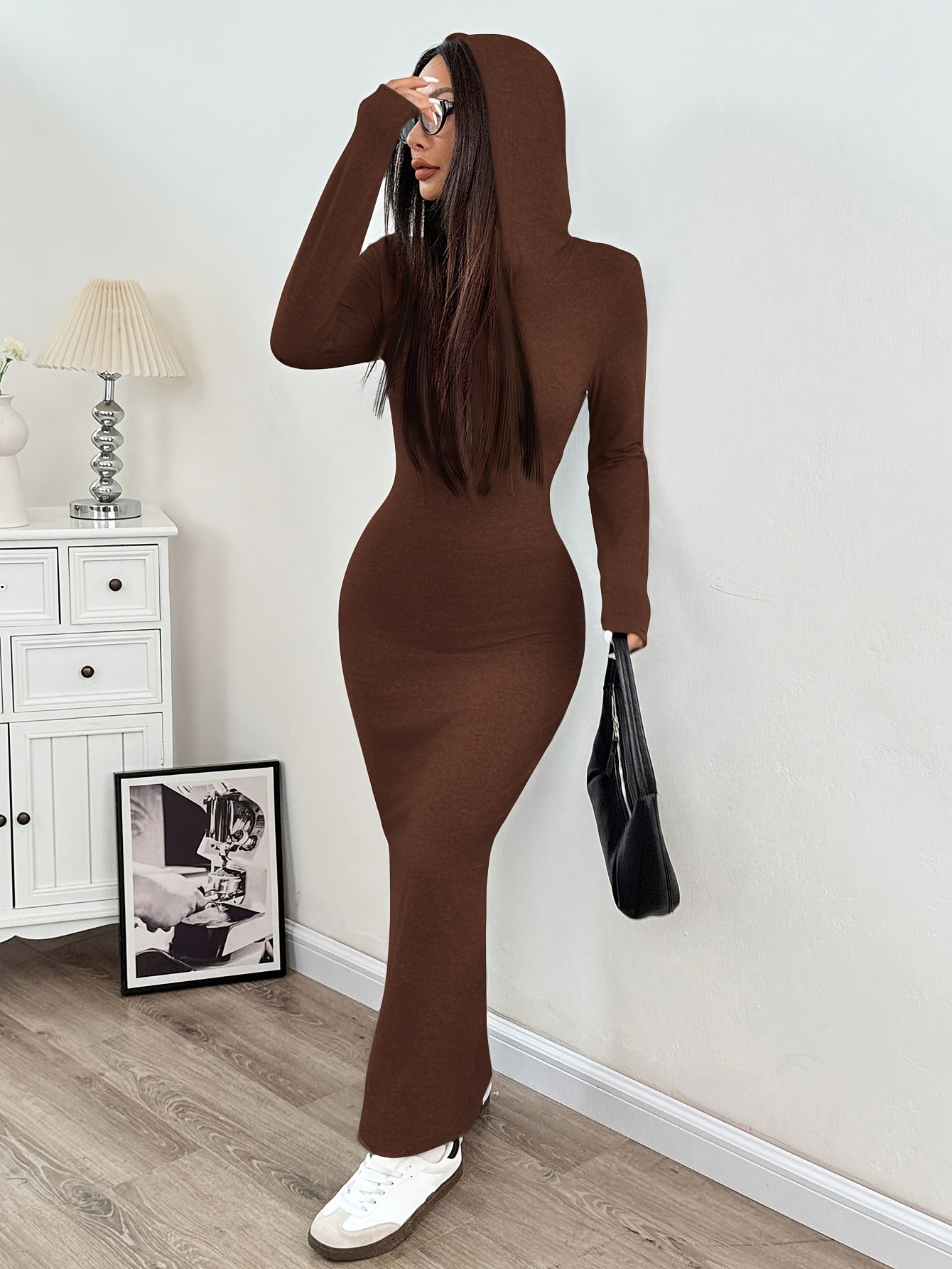 Spring and Autumn New Hooded Long Cross Knee Casual Fashion Dress | Solid Color, Long Sleeve, Bodycon Fit, Slit Hem
