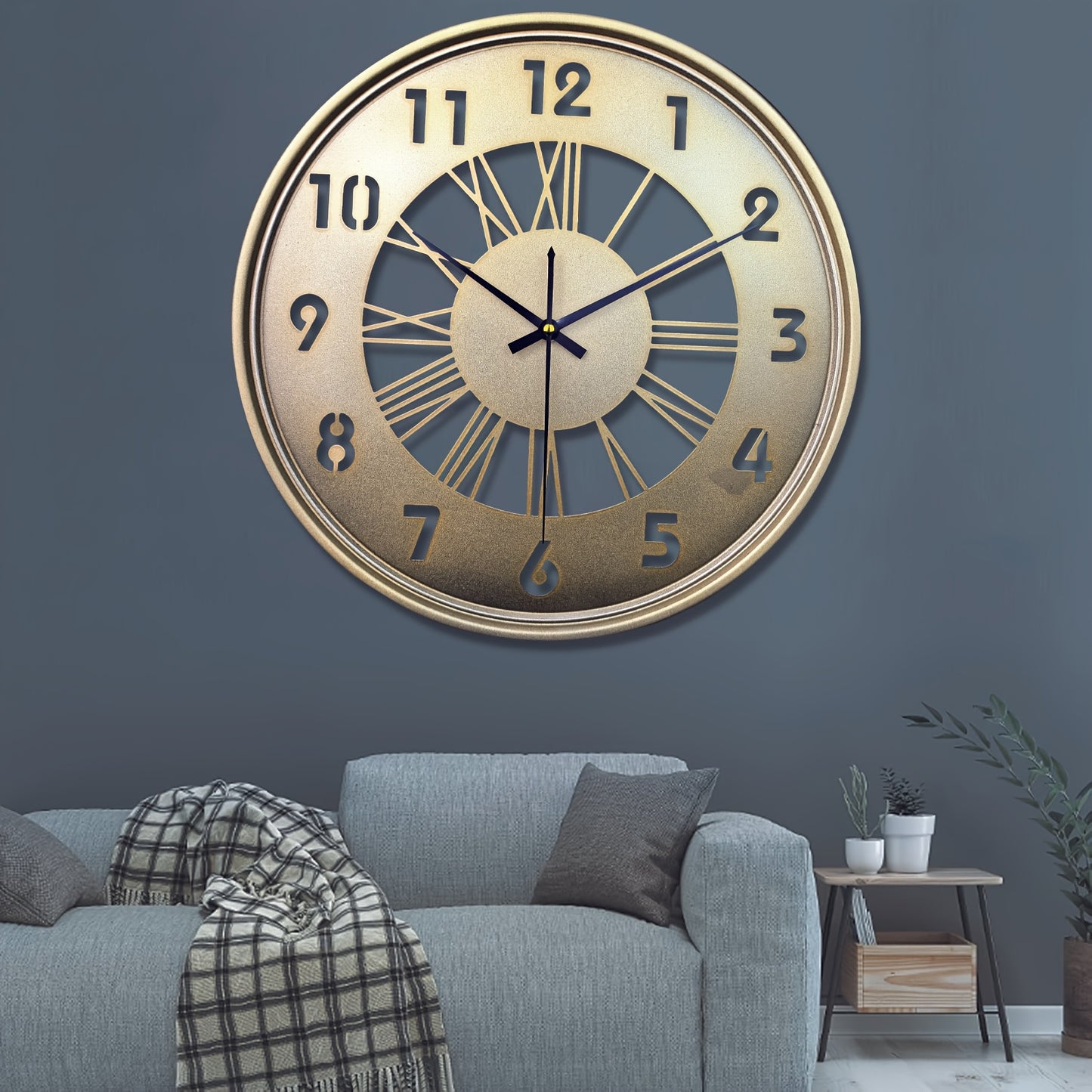One 16-inch large wall clock, silent with no ticking sound, battery-powered digital clock, industrial metal indoor clock, suitable for living rooms, kitchens, cafes, home decor - available in black, Golden, and Silvery