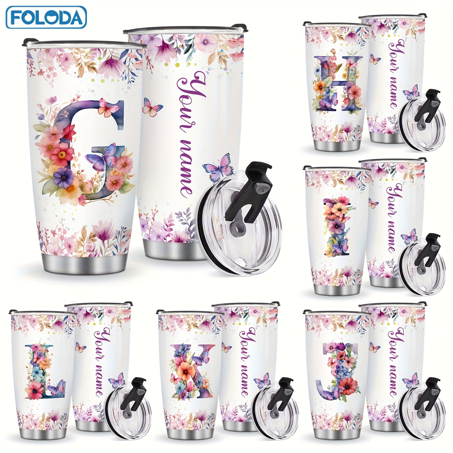 Foloda 1pc Personalized Flower Initials Tumbler Christmas Gift 20oz Mug with Letter Flower Butterfly, Travel Cup for Wedding Birthday Graduation Party, Birthday Valentine's Day Mother's Day Gifts Stainless Steel Mug with Lid