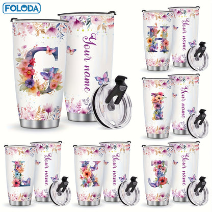 Foloda 1pc Personalized Flower Initials Tumbler Christmas Gift 20oz Mug with Letter Flower Butterfly, Travel Cup for Wedding Birthday Graduation Party, Birthday Valentine's Day Mother's Day Gifts Stainless Steel Mug with Lid