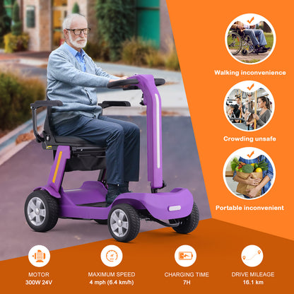 Senior Mobility Scooter 4-Wheel Foldable Electric Scooter for Adults, Lightweight & Portable with LED Lights, Storage Bag & Charger Included, Ready to Use for Travel