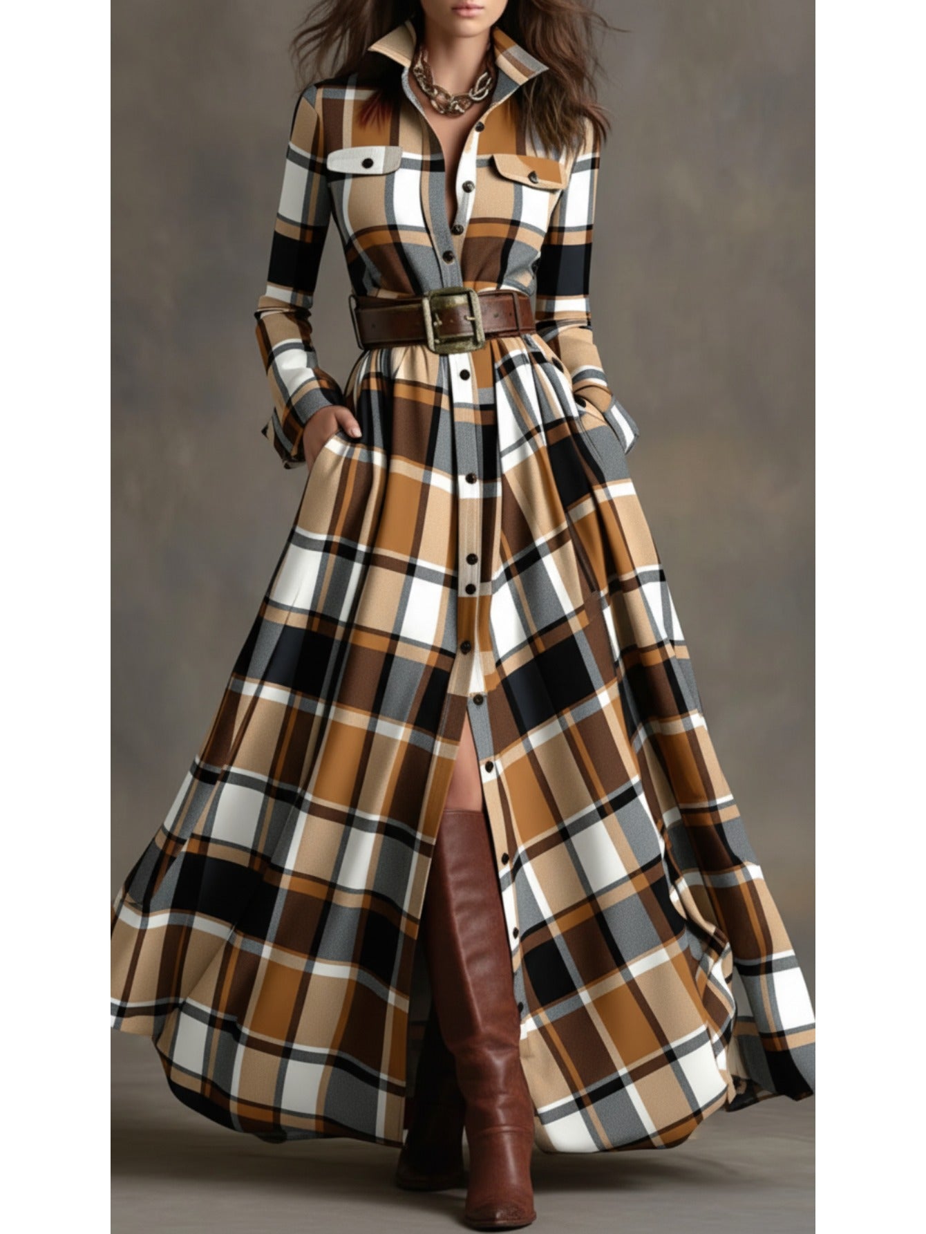 Women'S Brown, White, Black & Gray Plaid Waist-Cinched Maxi Dress | Retro Modern Style, Suitable for Daily Streetwear, Luxury Social Events, and Casual Occasions