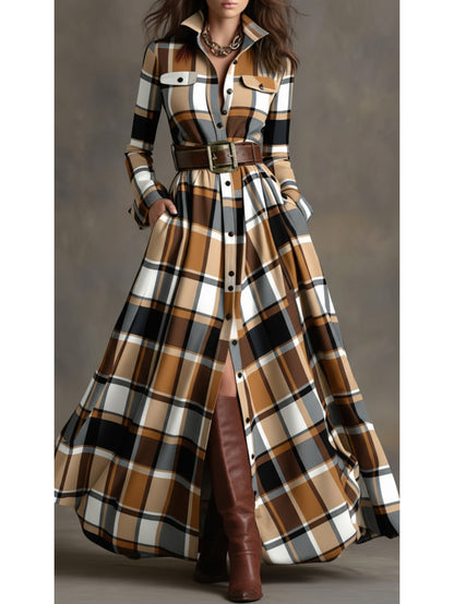 Women'S Brown, White, Black & Gray Plaid Waist-Cinched Maxi Dress | Retro Modern Style, Suitable for Daily Streetwear, Luxury Social Events, and Casual Occasions