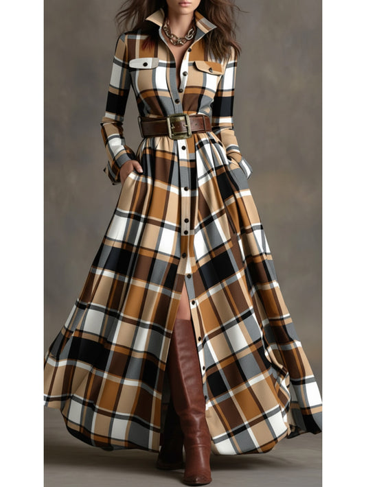 Women'S Brown, White, Black & Gray Plaid Waist-Cinched Maxi Dress | Retro Modern Style, Suitable for Daily Streetwear, Luxury Social Events, and Casual Occasions